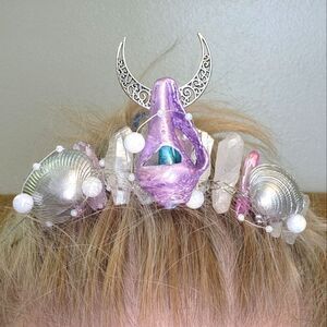 Mermaid Crown Pink & White Crystal Quarts, Shell, & Silver Moon!